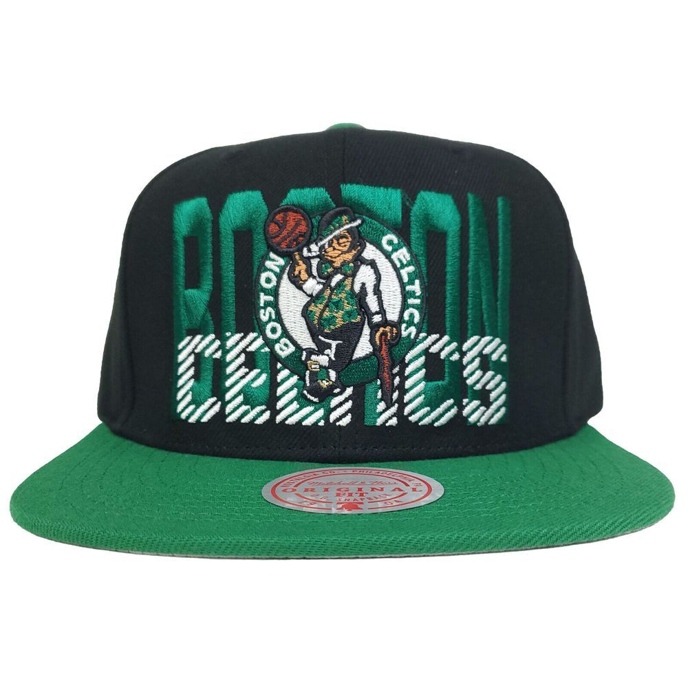 Boston Celtics Mitchell & Ness NBA Snapback Hat Cap Word Logo Black Green NWT